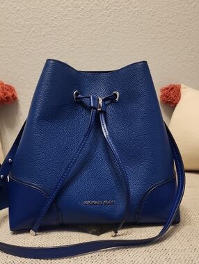 Michael Kors Royal Blue Pebbled Leather Drawstring Bucket Bag